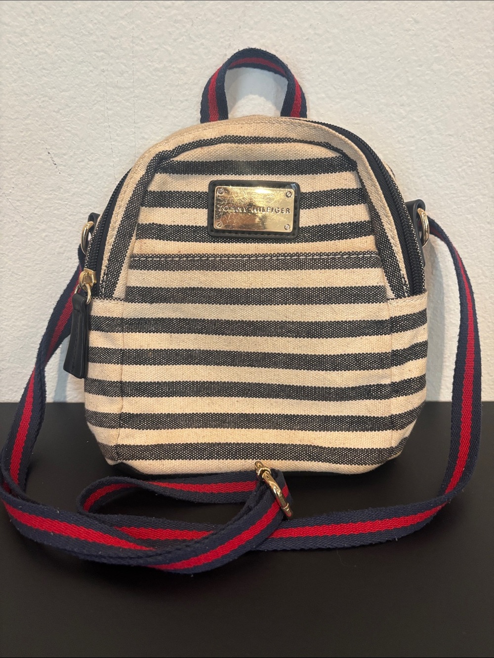 Tommy Hilfiger Striped Canvas Mini Backpack with Red-Blue Web Strap